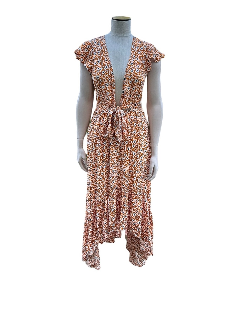 Vici Rust Floral High-Low Tie-Waist Dress